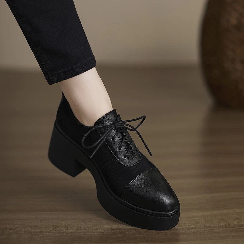 小个子手工女鞋8cm~厚底增高小皮鞋女系带休闲百搭不累脚小众单鞋