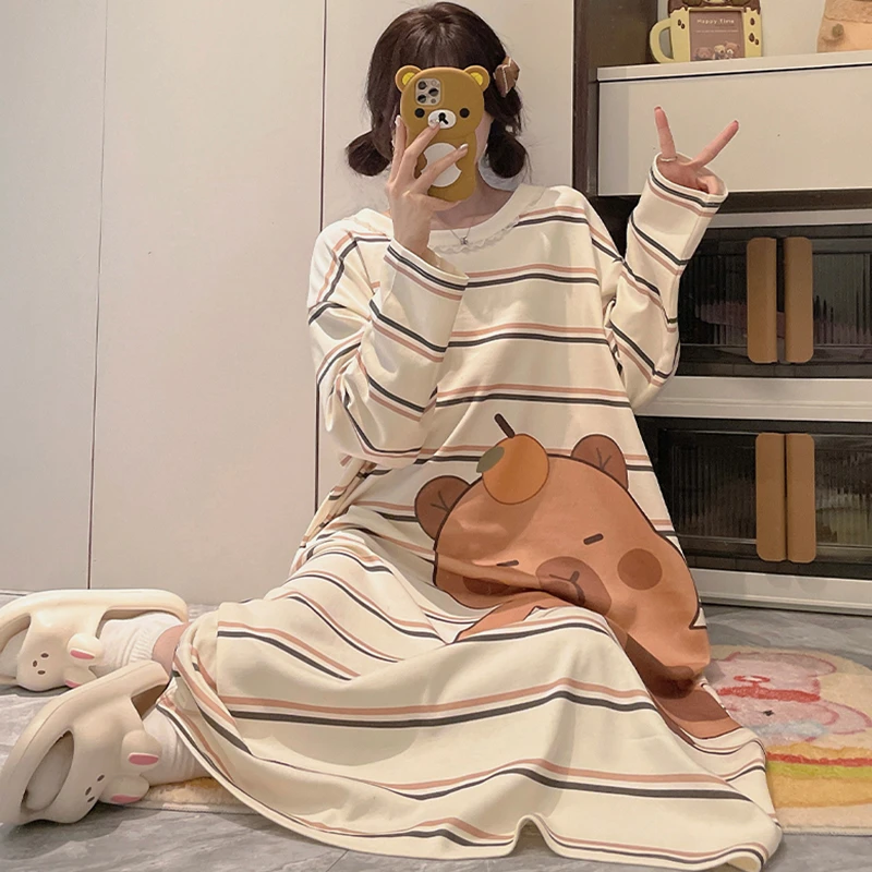 女童睡裙春秋100%全棉长袖卡皮巴拉初高中生女孩睡袍儿童睡衣新款