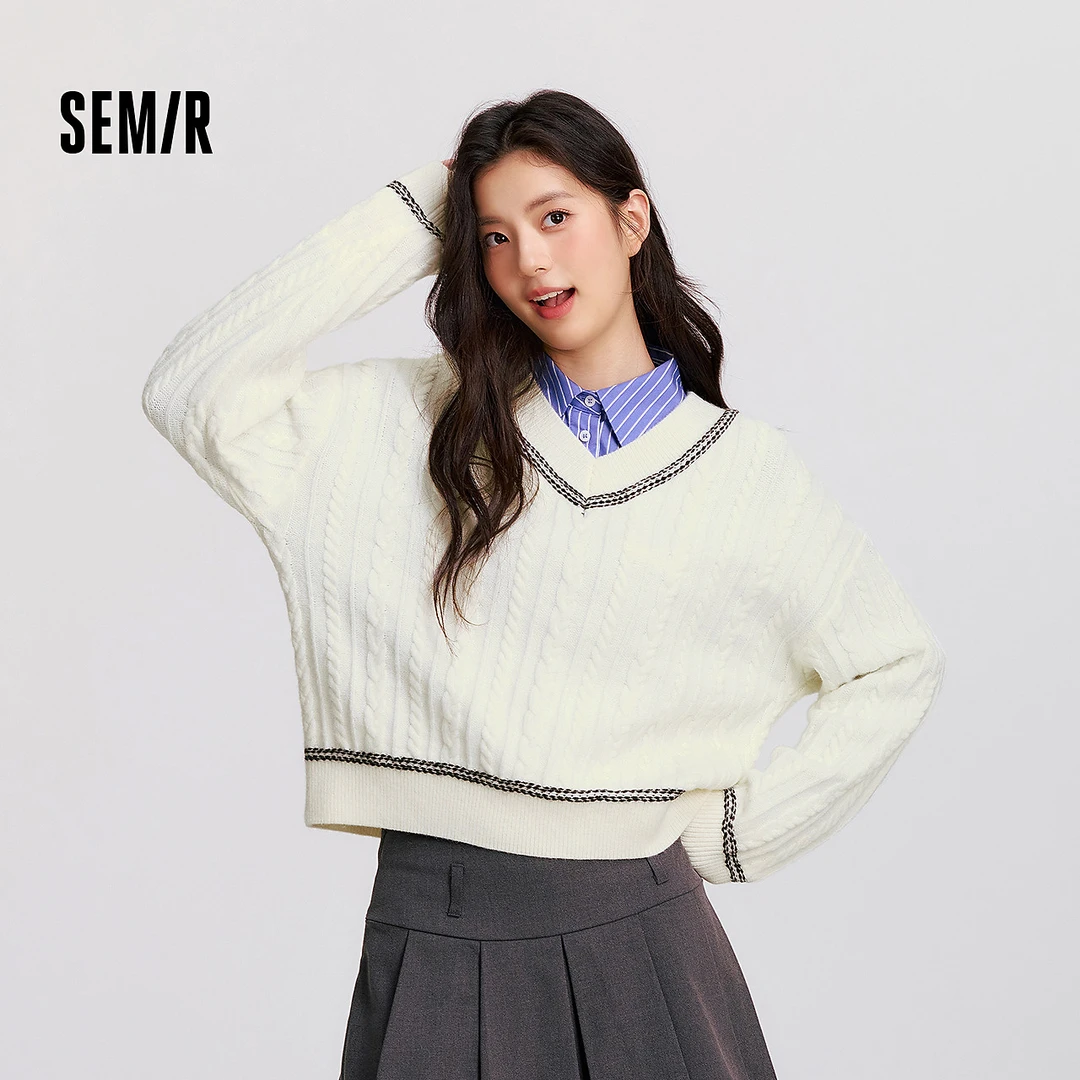 森柔毛衫|森马毛衣女冬季绞花提花宽松V领上衣潮流时尚慵懒风叠穿