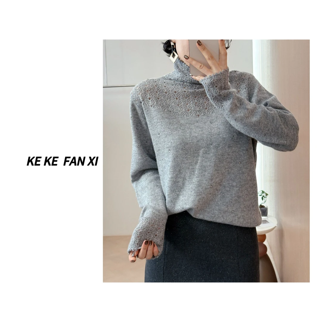 1309山羊绒烫钻高领毛衣长袖时尚百搭纯色秋冬