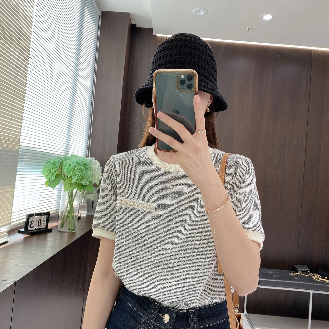 IMFLY金小金自制女装 T恤DYW8596早春小香风拼色钉珠圆领短袖