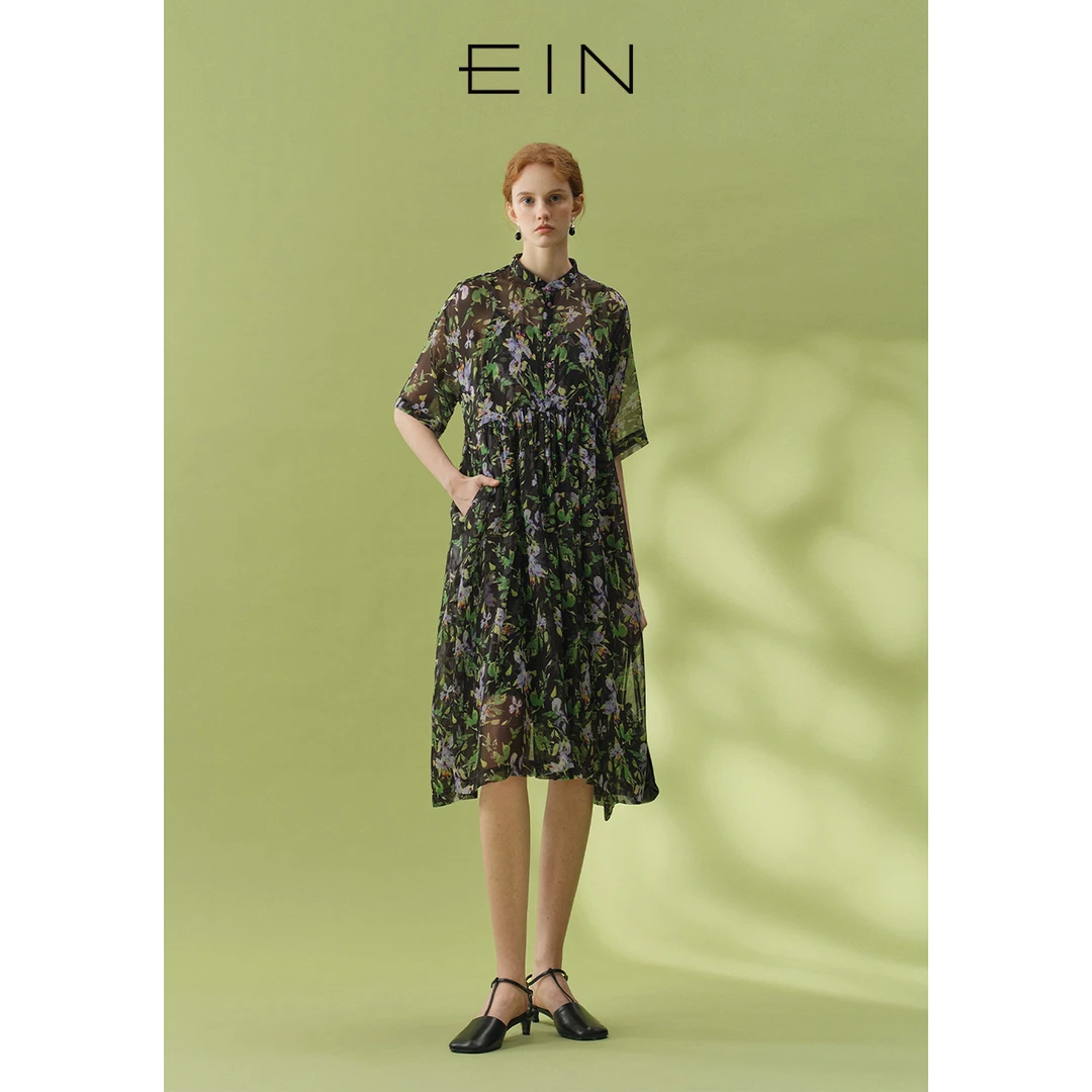 EIN/言【花卉博物馆】浪漫风情印花高腰碎褶雪纺连衣裙25夏季款