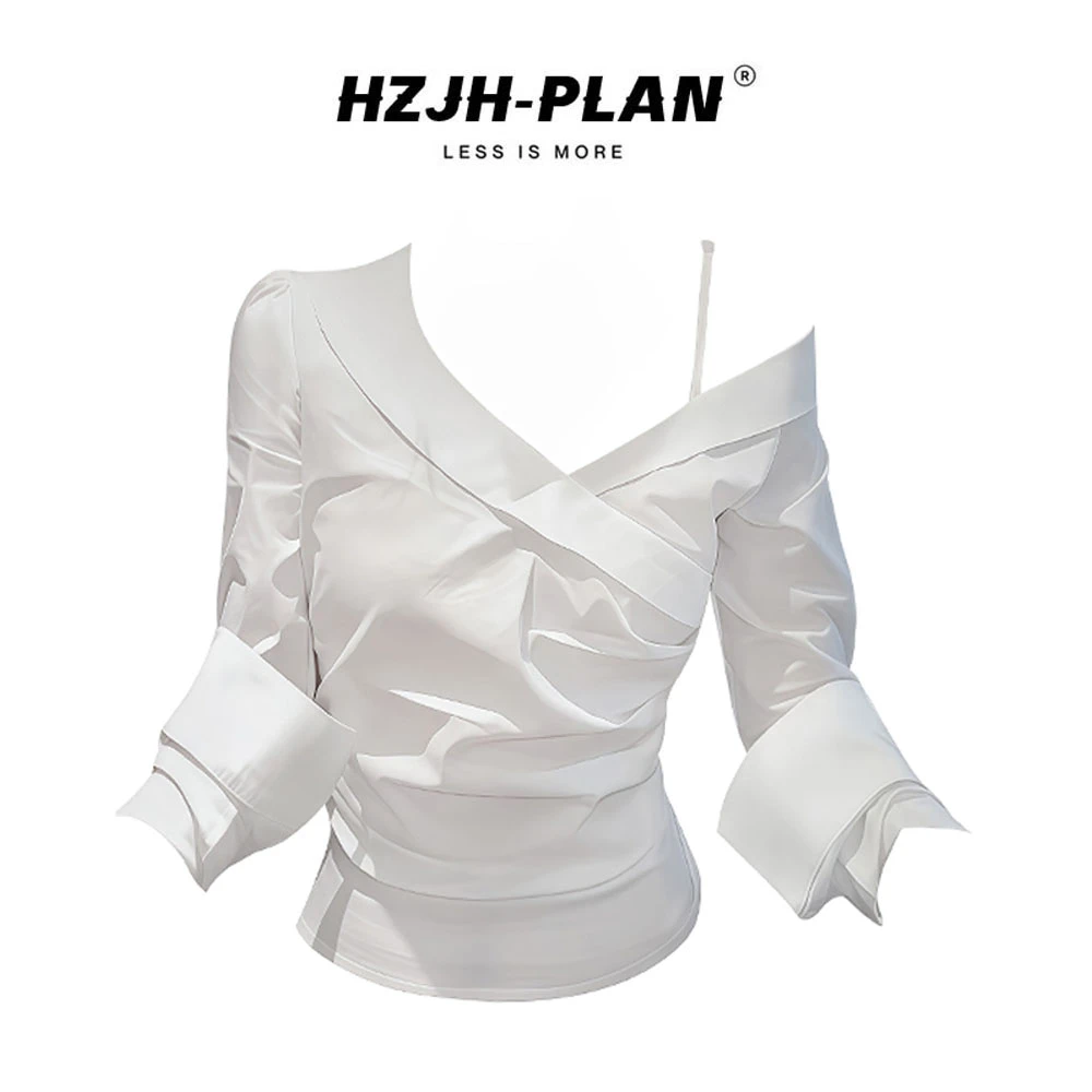 早秋韩系小众白色斜肩修身抽褶衬衫女气质长袖上衣显瘦设计感衬衣