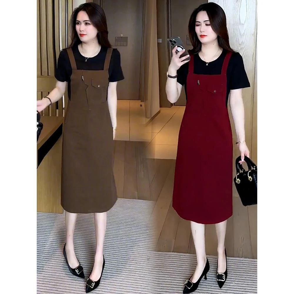 时尚牛仔连衣裙女夏季新款洋气休闲显瘦假两件拼接中长款背带裙子