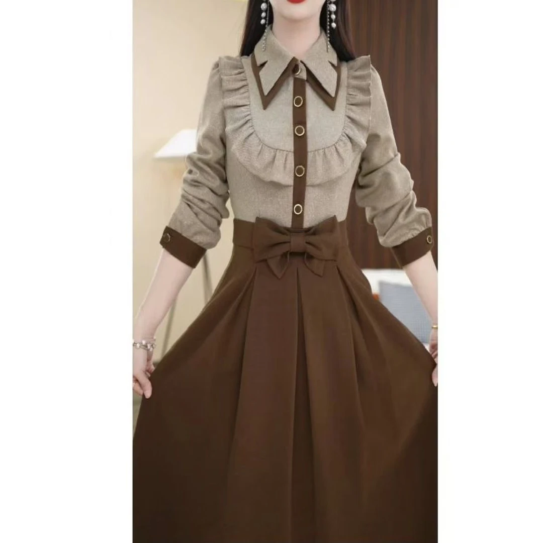 B02新款时尚小香风假两件收腰显瘦气质长款连衣裙