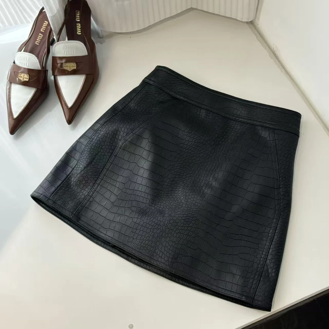 【小Q家】20149鳄鱼纹高级哑光pu皮裙A摆半身裙
