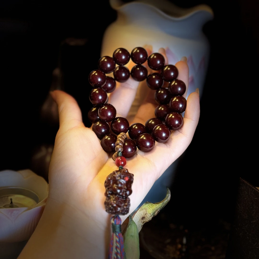 菩提溏心老料圆珠14-15mm双圈手持度母流苏款菩提根（盘玩袋手套）