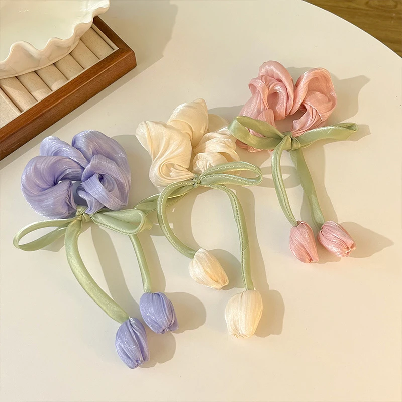 女童亲子春天气息微光郁金香蝴蝶结大肠发圈甜美洋气花朵流苏发圈