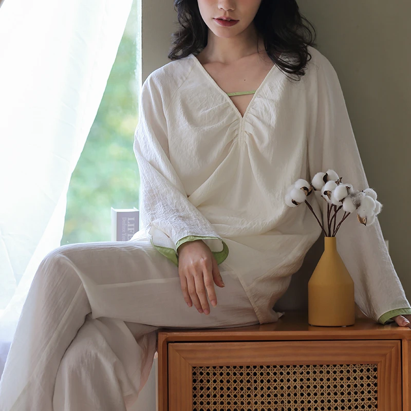 【天青谷雨】家居服套装保暖白色上衣睡衣长袖复古春夏春秋24051