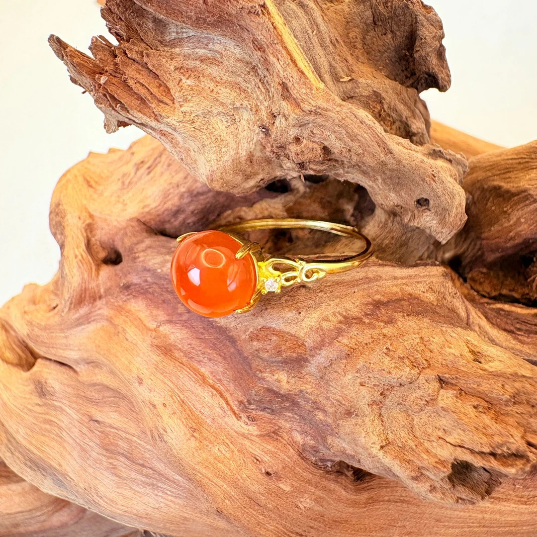 南红冰红祥云纹戒托樱桃红蛋面戒指（拍一发一）