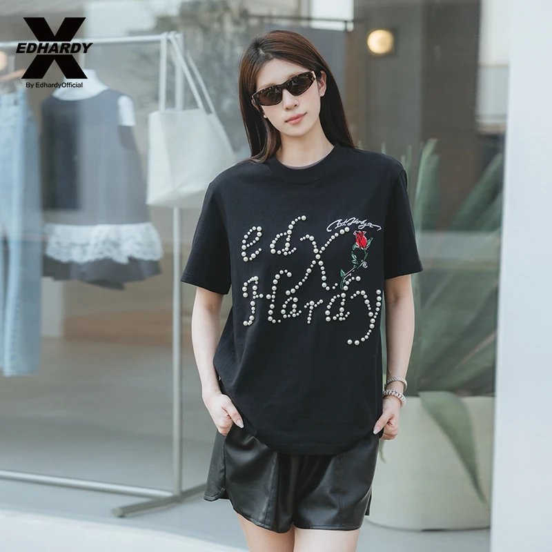 EDHARDY X夏季潮流时尚百搭珍珠刺绣玫瑰圆领T恤男装X1C2QL122158