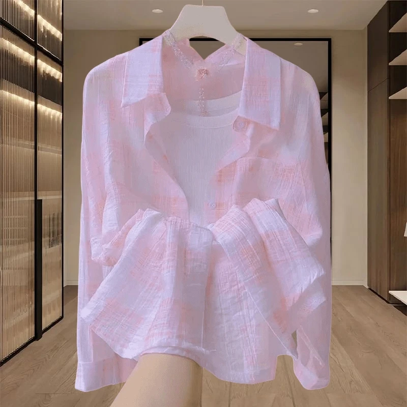 2025独特超好看衬衫女夏季休闲洋气百搭薄款粉色格子防晒衬衣外套