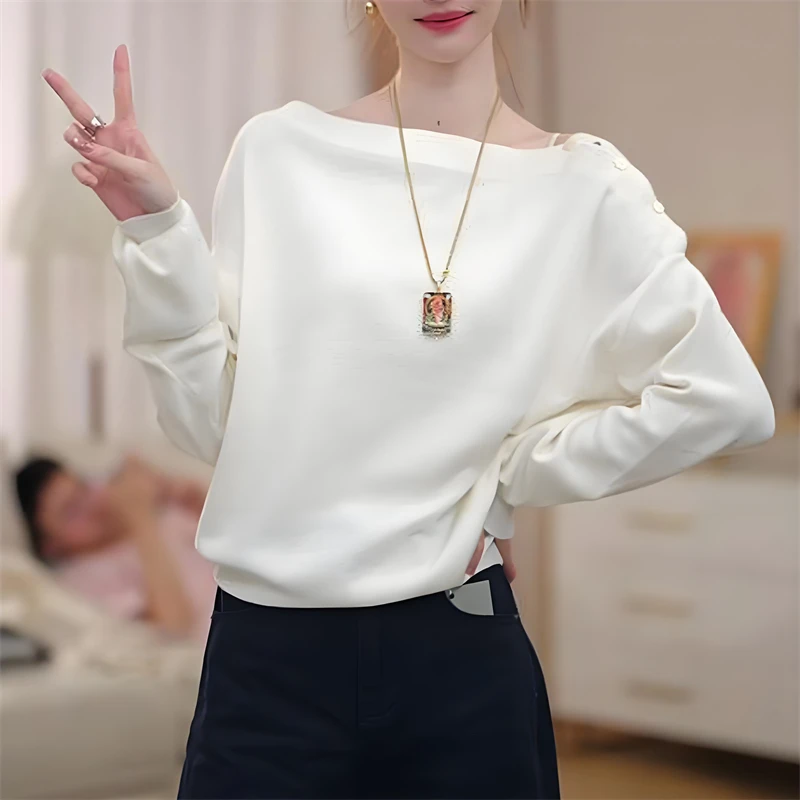 气质设计感一字肩长袖针织衫女2025秋季新款小众减龄修身显瘦上衣