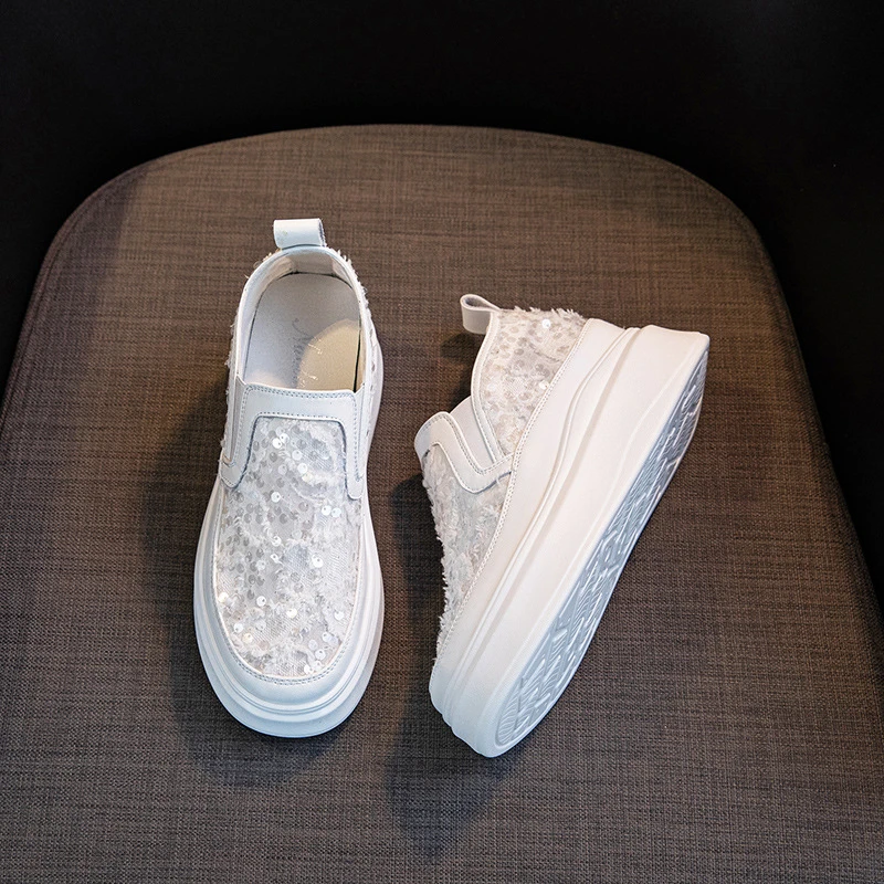 亮片网面小白鞋女内增高小码313233厚底新款蕾丝乐福鞋显高懒人鞋