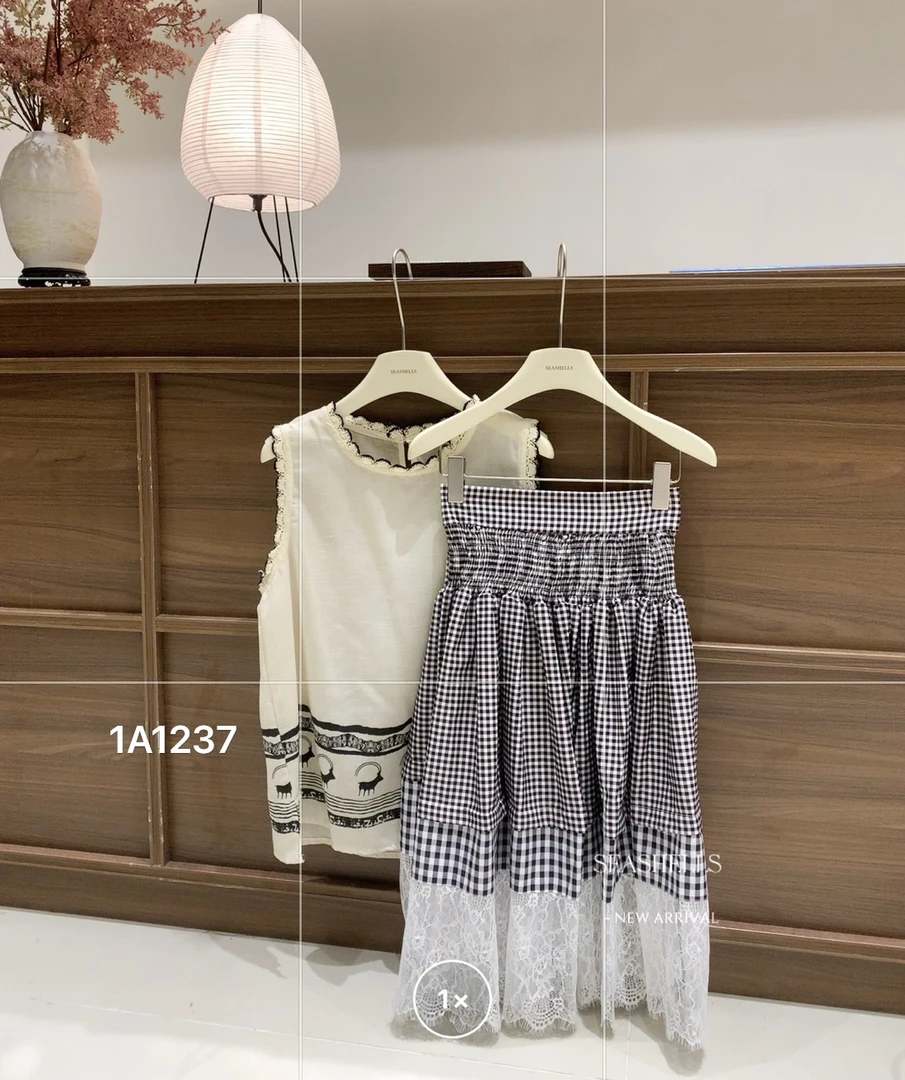 seashells（1237#）网红同款甜美蕾丝拼接格子裙
