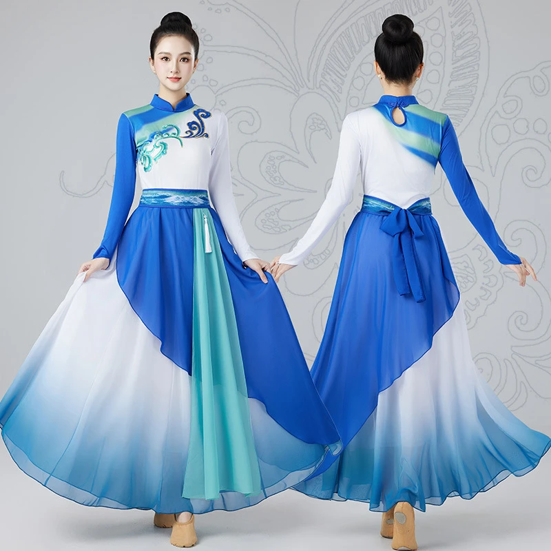一条大河现代舞演出服广场舞服装长袖连衣裙飘逸女扇子舞大摆裙
