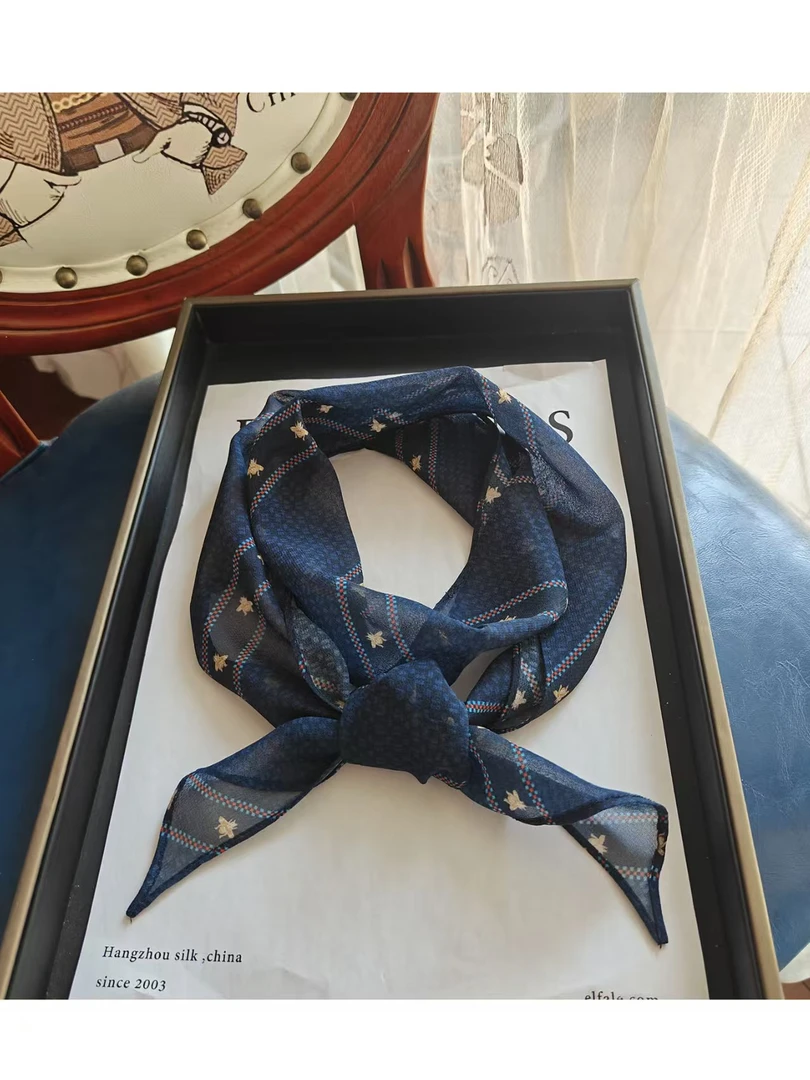 【ZPD-56】宫丽11x135cm纯100桑蚕丝乔琪斜角纱巾飘带蓝色春夏薄款