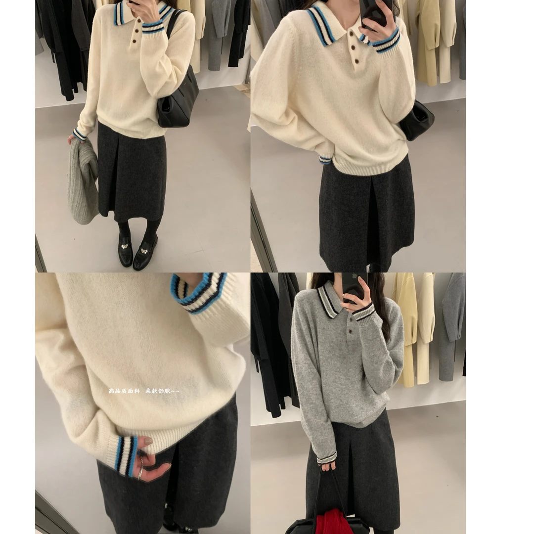 J-351217#“甜到心里去”韩系学院100羊毛"翻领套头上衣(福利（手洗
