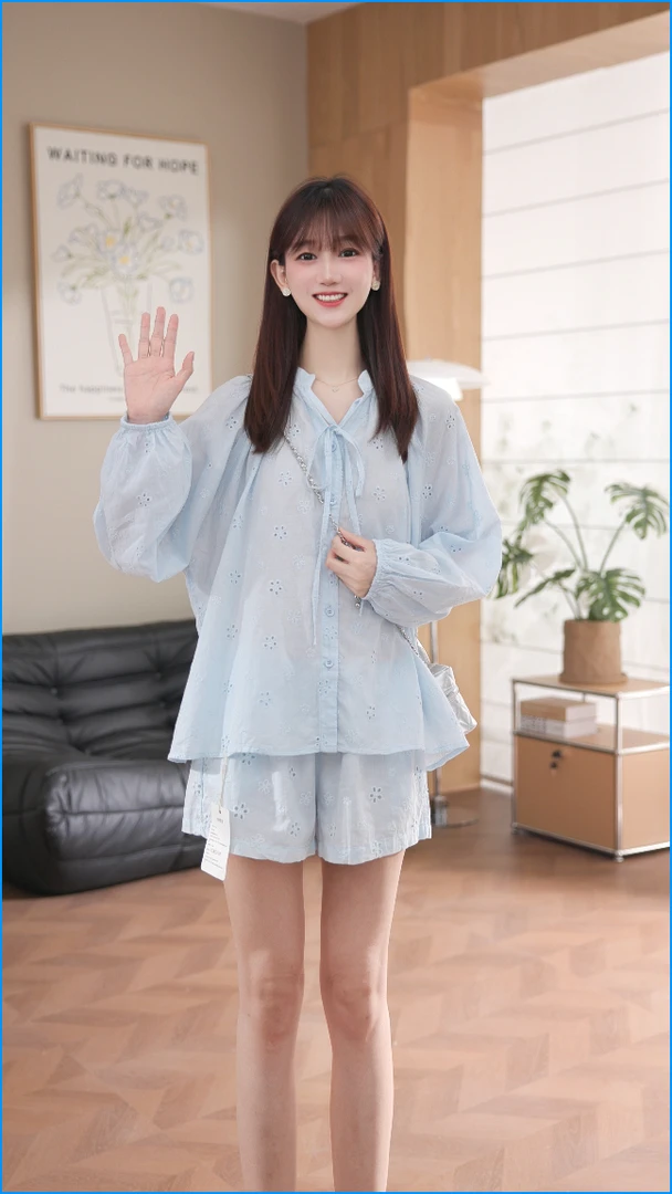 10162夏季新款复古重工艺镂空刺绣宽松纯棉衬衫+阔腿短裤两件套装