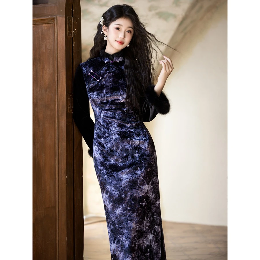 2025秋冬新中式丝绒加绒旗袍年轻款复古高级感国风旗袍改良连衣裙