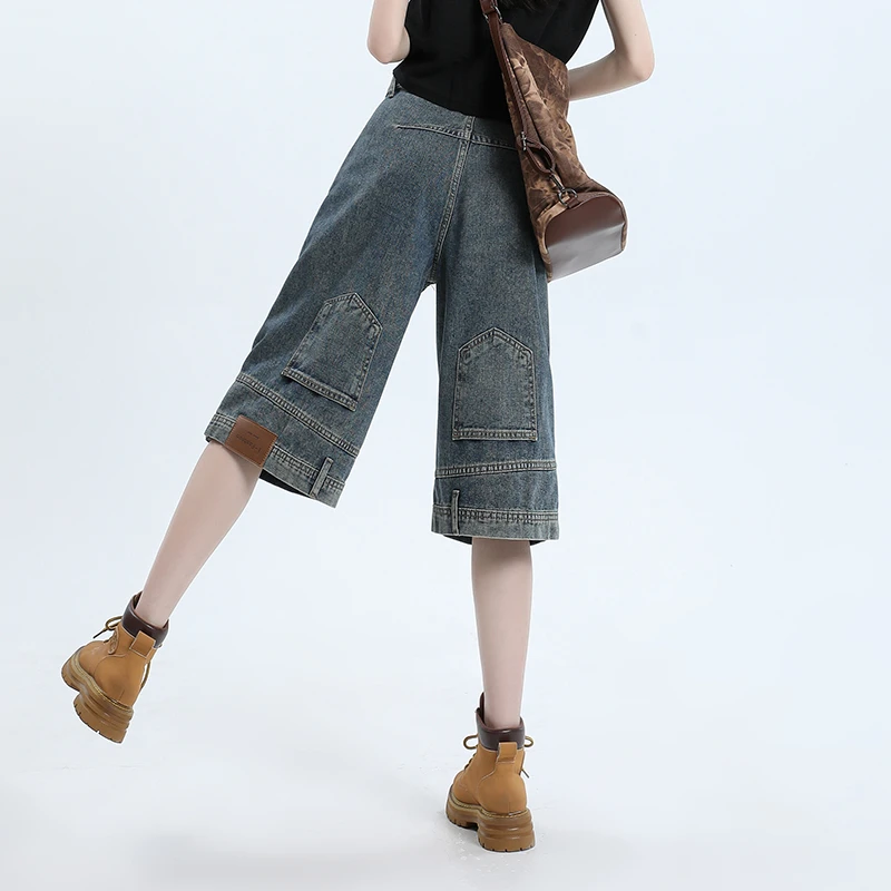 新款夏季休闲宽松显瘦直筒裤女美式设计感透气棉质六分阔腿短裤