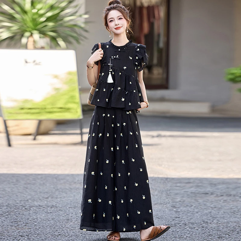 新中式国风套装女2025夏季新款时尚高级感刺绣上衣阔腿裙裤两件套