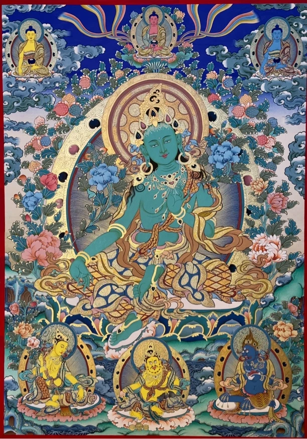 绿度母唐卡手绘复制客厅玄关佛堂装饰挂画