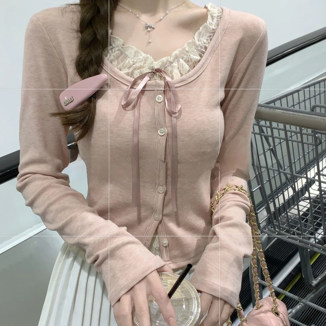 春秋假两件蕾丝拼接T恤女2025新款纯欲风内搭修身打底衫上衣