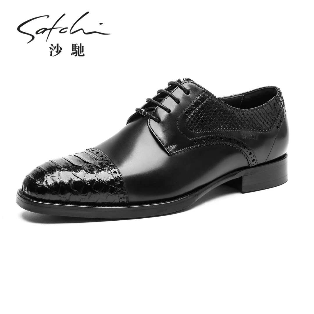 沙驰男鞋新款商务正装皮鞋男士高级感牛皮拼接蛇皮三接头德比鞋