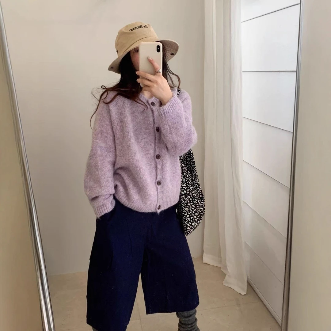 网红软糯慵懒风时尚毛衣外套女秋冬新款纯色宽松简约韩系针织开衫