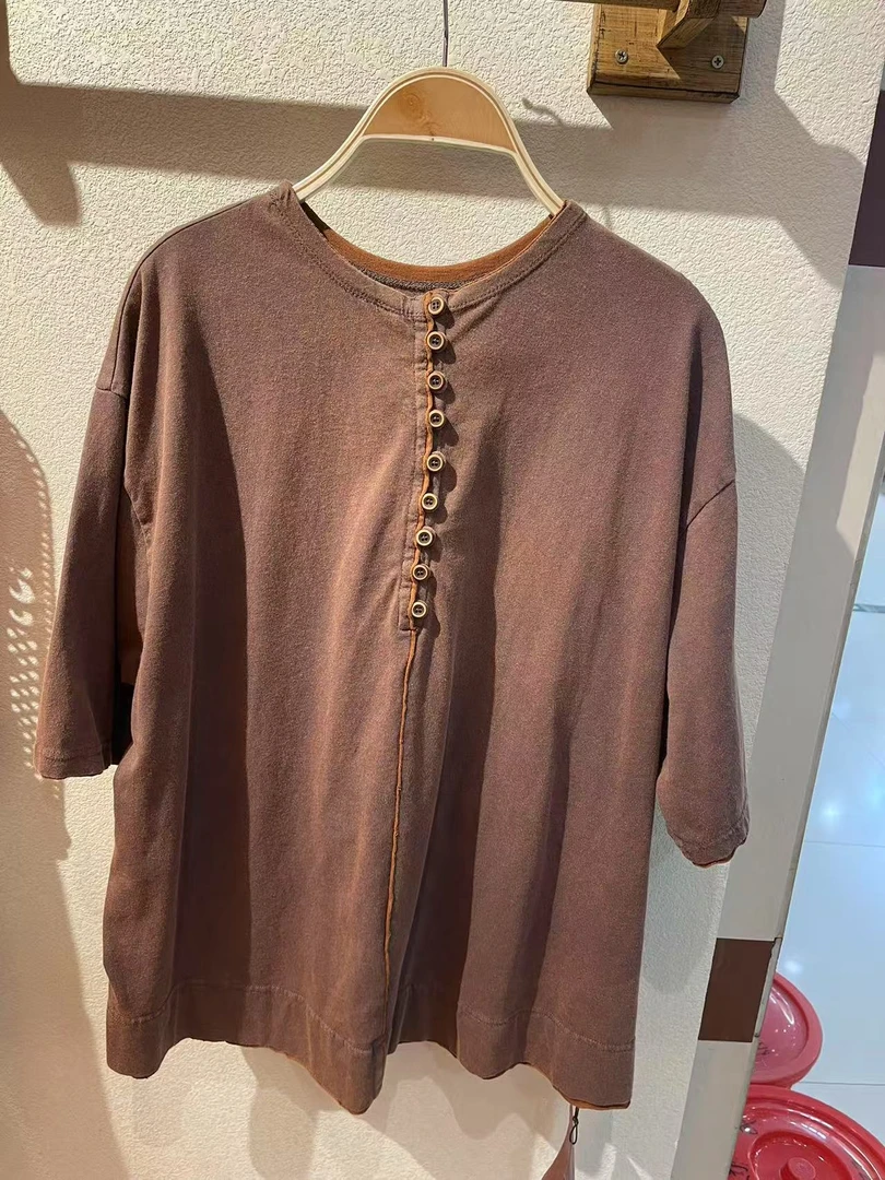 复古港风T恤短款咖色复古印染耐脏百搭针织纯色短袖设计师