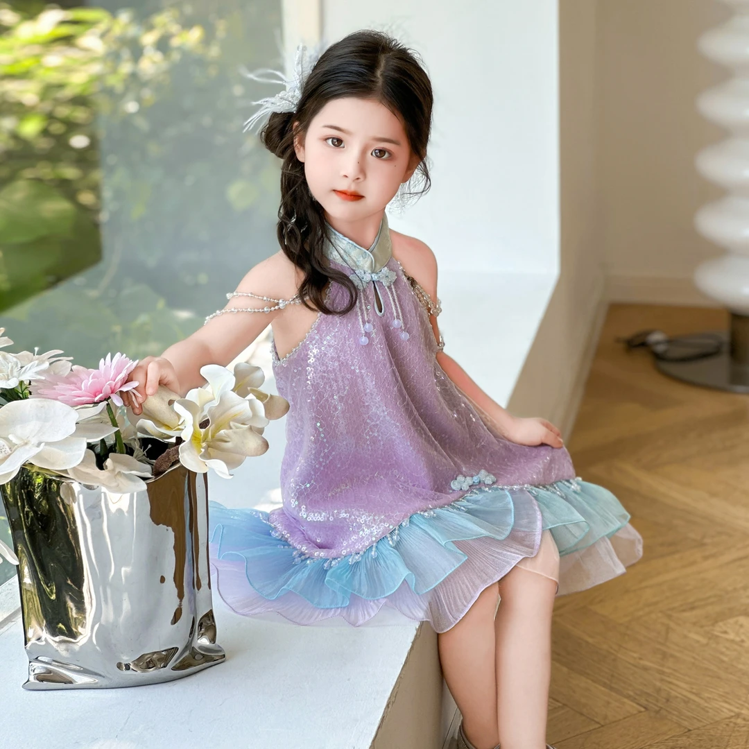 女童美人鱼旗袍裙夏季新款女宝荷叶边公主裙儿童人鱼姬亮片连衣裙