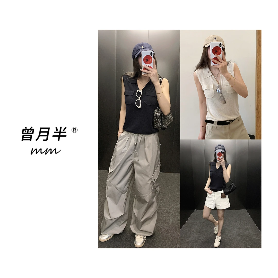 曾月半《智性老钱》天丝亚麻V领包扣针织背心！ZS1210