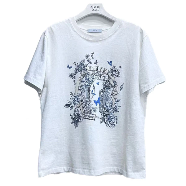 【xineba3】韩国女士2025新款夏季简约复古蝴蝶印花白棉T恤