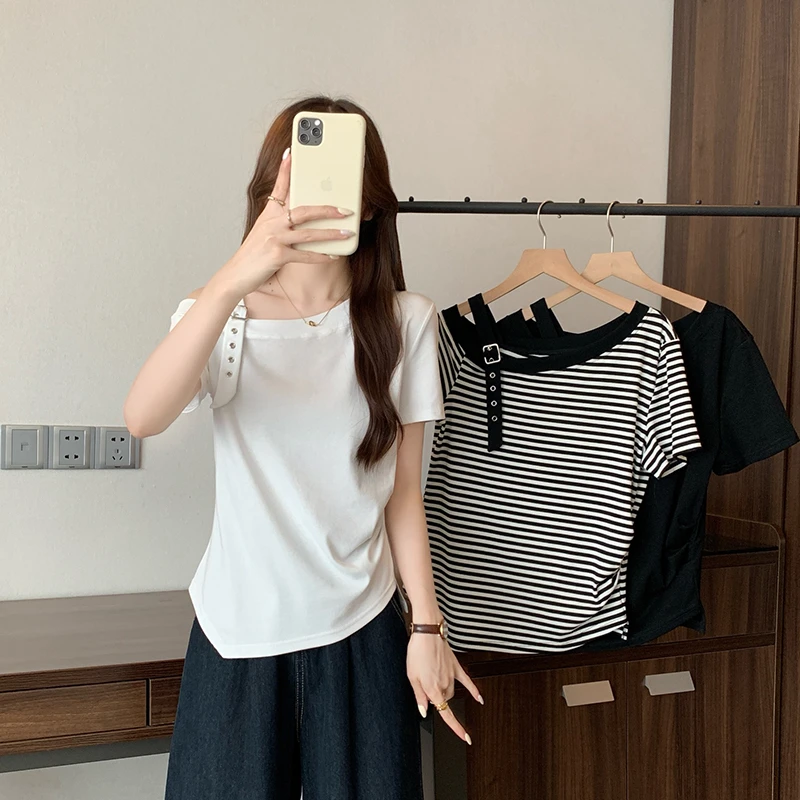 2025夏装新款胖mm大码女别致休闲露肩吊带不规则短袖T恤35636