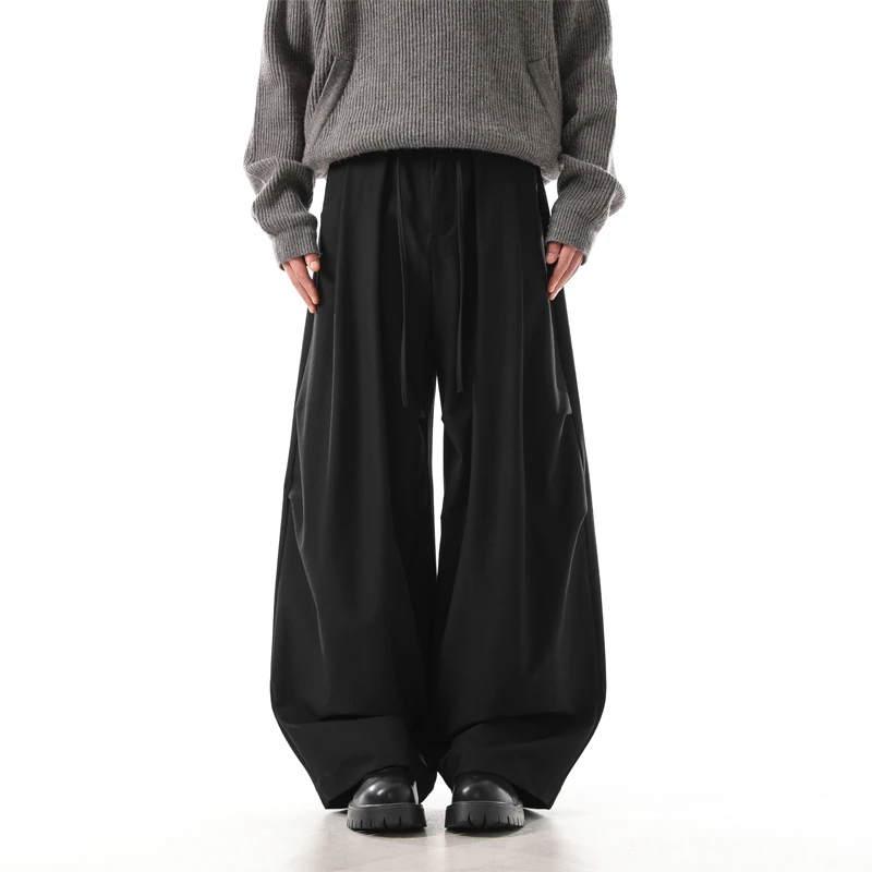 DOFERNERY 美式设计感灰色抽绳潮流西裤男士秋季褶皱宽松休闲长裤