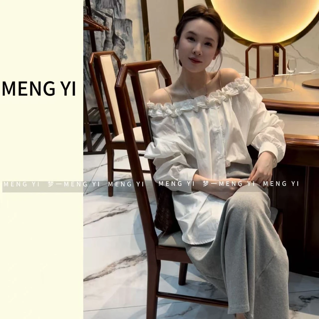 荷叶边一字肩衬衣my-5077