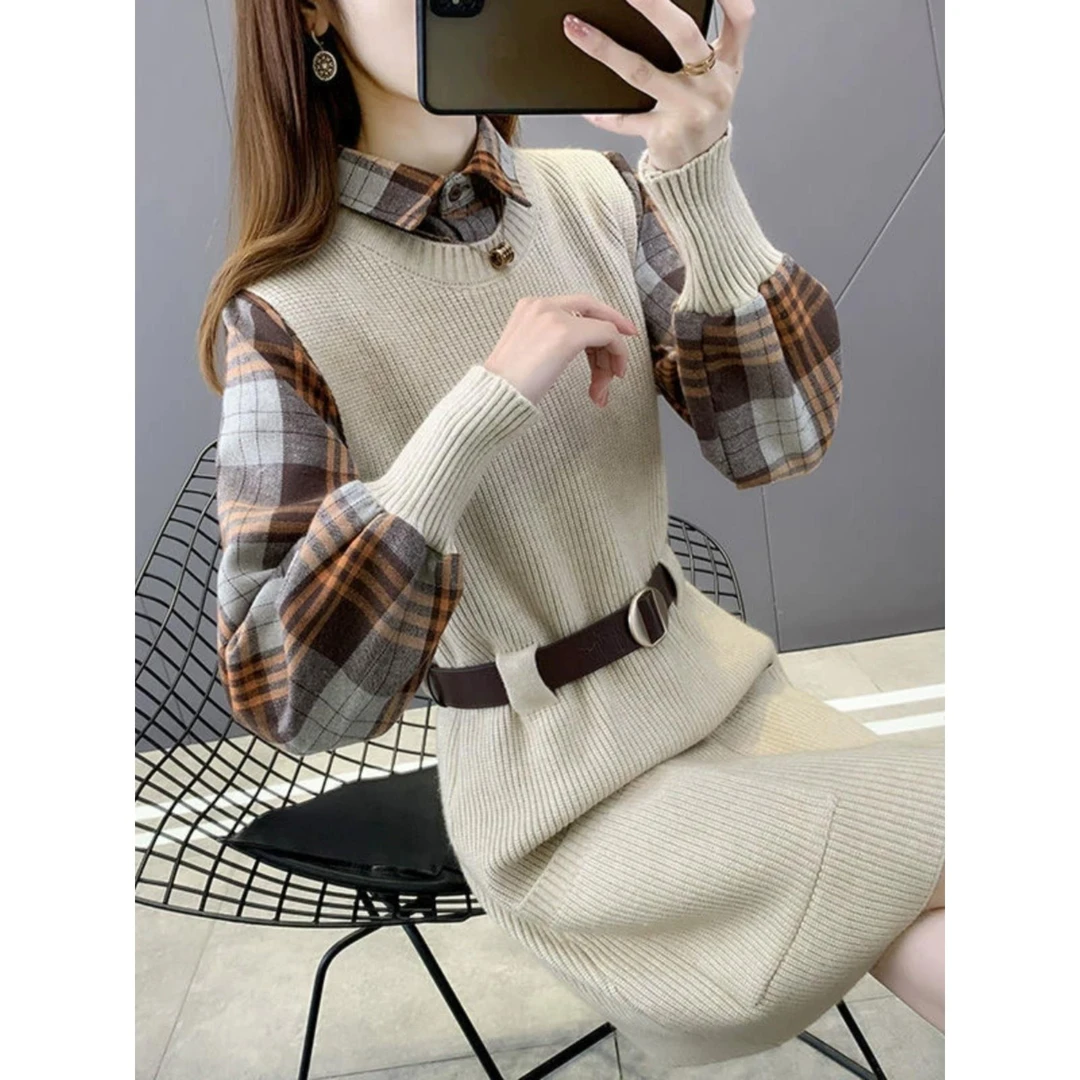 2025秋季格纹衬衫毛衣背心女士时尚套装针织两件套西式中腰毛衣裙