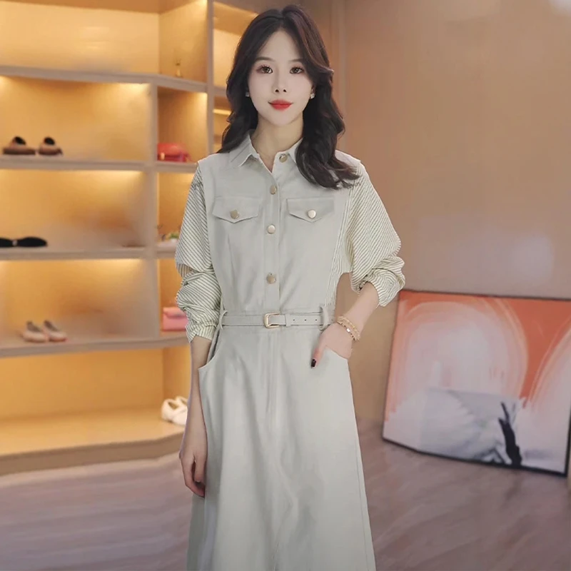 条纹拼接连衣裙女2025春秋通勤气质显瘦收腰中长款工装长裙