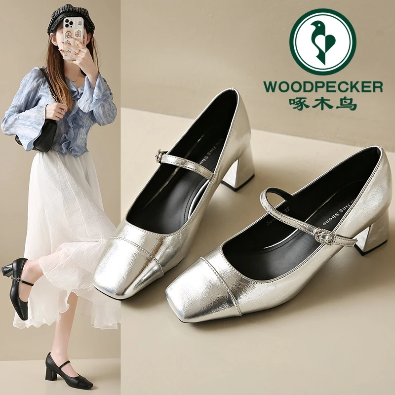 啄木鸟跟高5.5cm一字带单鞋女2025春夏新款复古浅口方头玛丽珍鞋