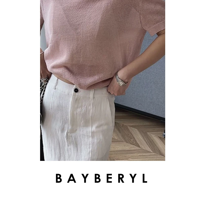 BAYBERYL老贝后纽扣粉蓝圆领透气短袖针织衫ZZS5C0321-4/22