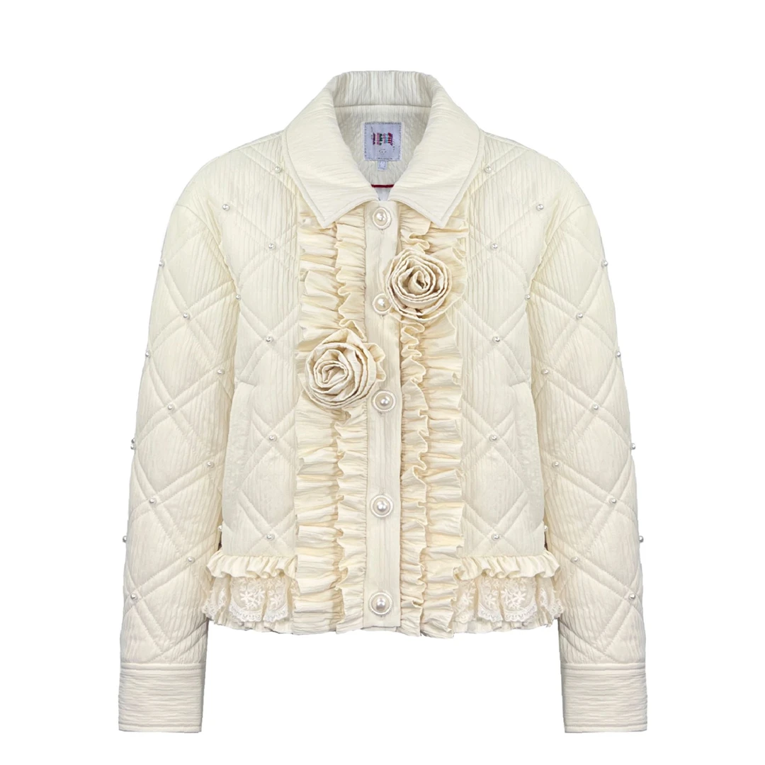 姜穹JIANGQIONG 2025新款初冬玫瑰花饰钉珠绗棉翻领短外套女