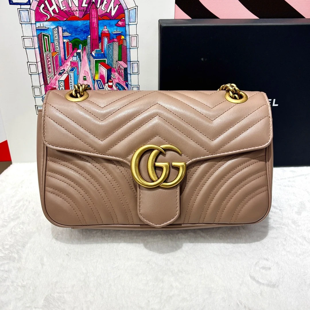 99新 GUCCI/古驰 奶茶色金扣马蒙 26 时尚单肩斜挎包