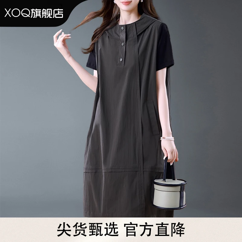 XOQ官方工装连衣裙女连帽2025夏季新款大码休闲宽松遮肚子长款裙