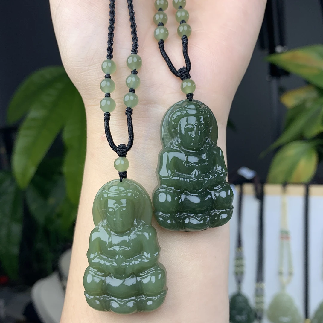 天然和田玉观音吊坠男款湖水绿双面精雕工串珠编绳款玉坠