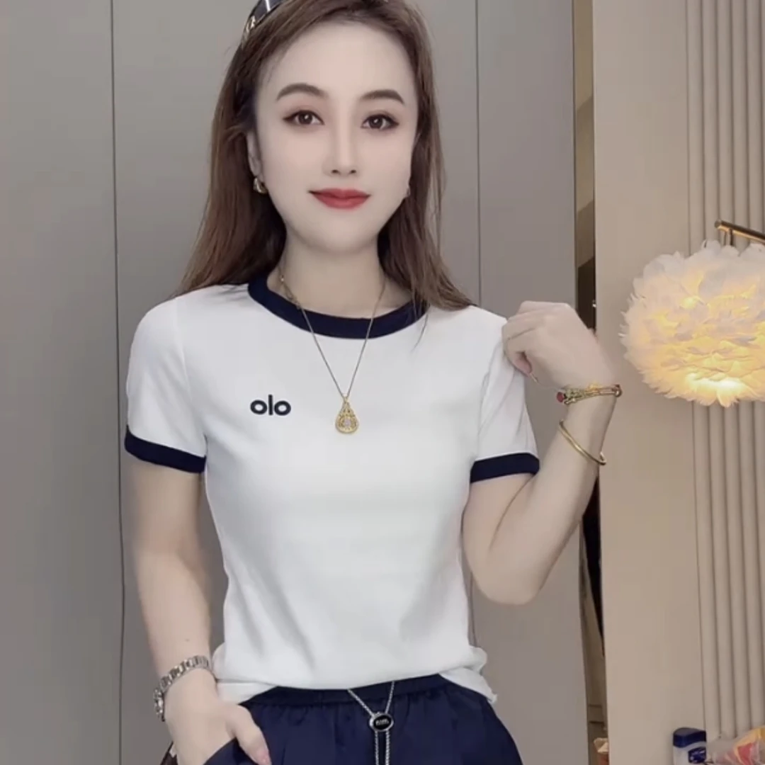 百搭洋气修身型休闲圆领短袖ins白色字母T恤ol撞色设计多巴胺穿搭