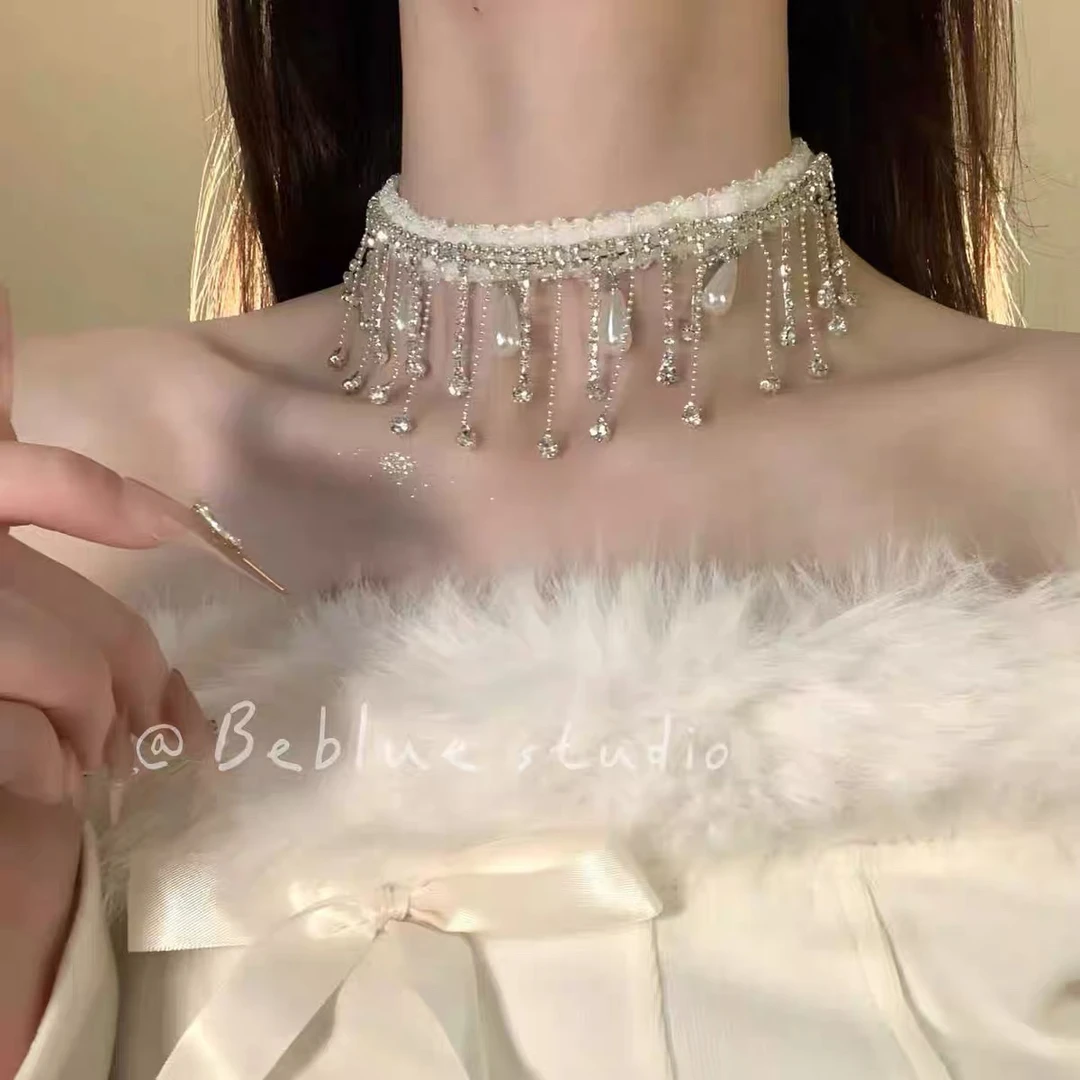 铜合金锆石项链 优雅闪锆珍珠流苏毛绒choker项链女气质锁骨链