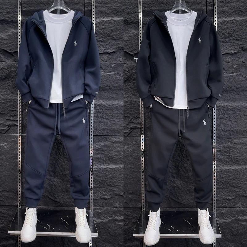 秋季新款宽松时尚套装潮流男士休闲运动风百搭两件套装连帽夹克