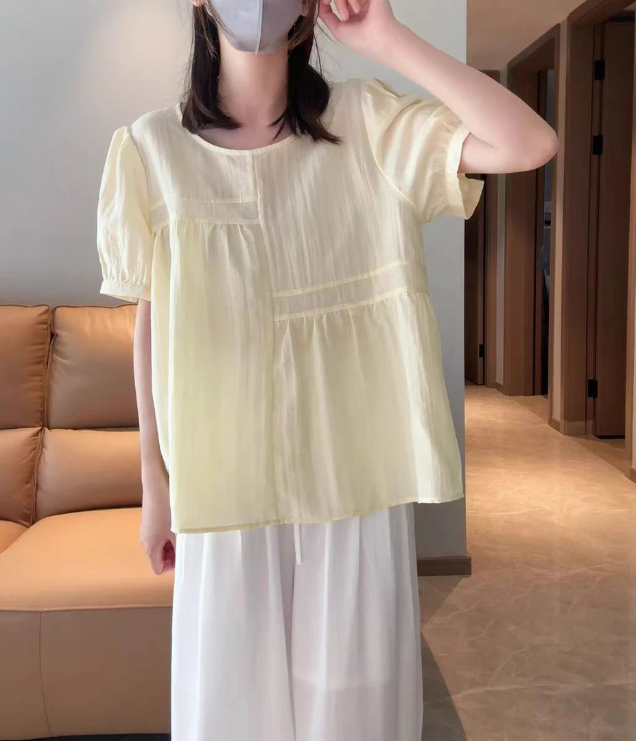 夏季韩版拼接宽松短袖3D圆领薄款衬衫常规版女装