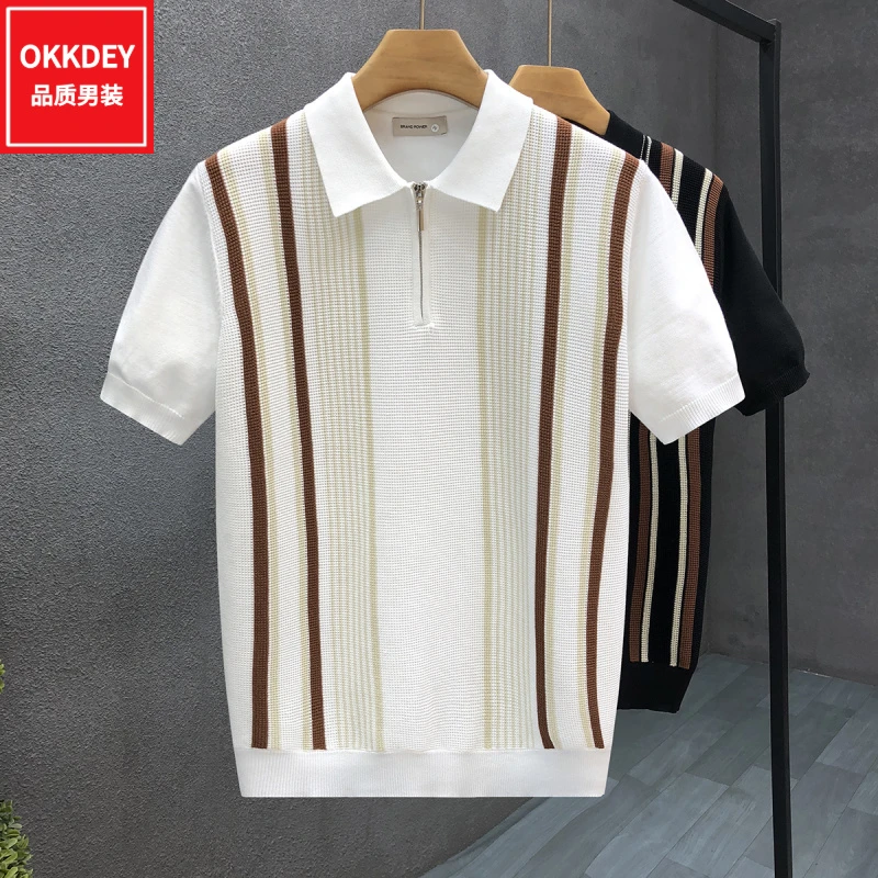 夏季新款男士商务时尚休闲翻领短袖T恤高档冰丝薄款针织polo衫男